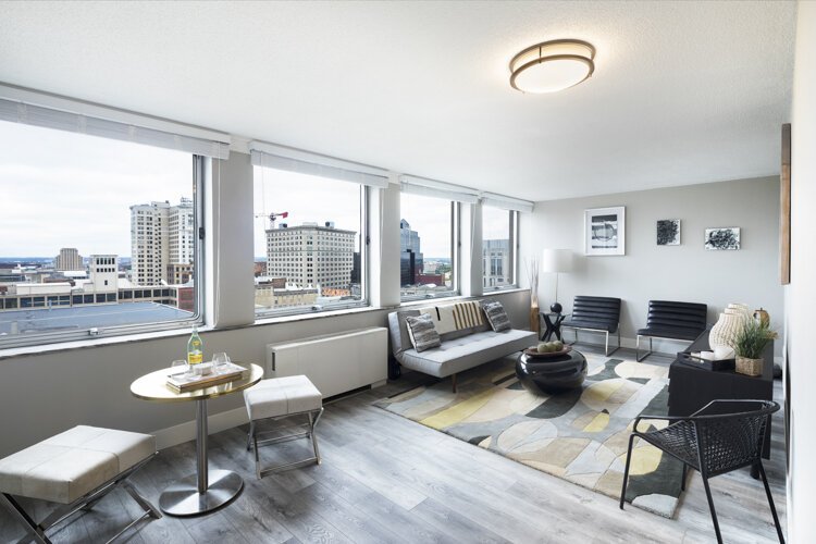 Model living room at the Luckman apartments
